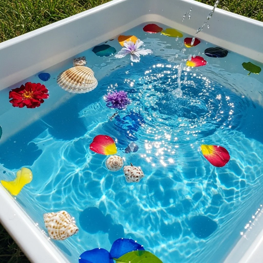 Outdoor sensory bin filled with water and colorful toys for sensory play.