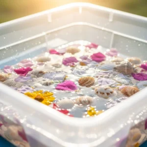 Children playing with outdoor sensory bins filled with water and various textures.