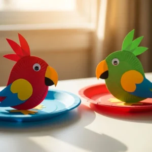 Colorful Paper Plate Parrots craft project for kids