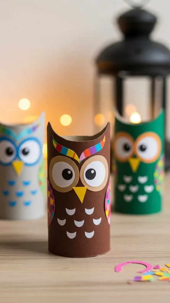 Colorful paper roll owl craft with googly eyes and bright feathers