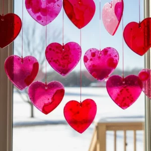 Colorful pink and red Valentine hearts suncatchers hanging in sunlight