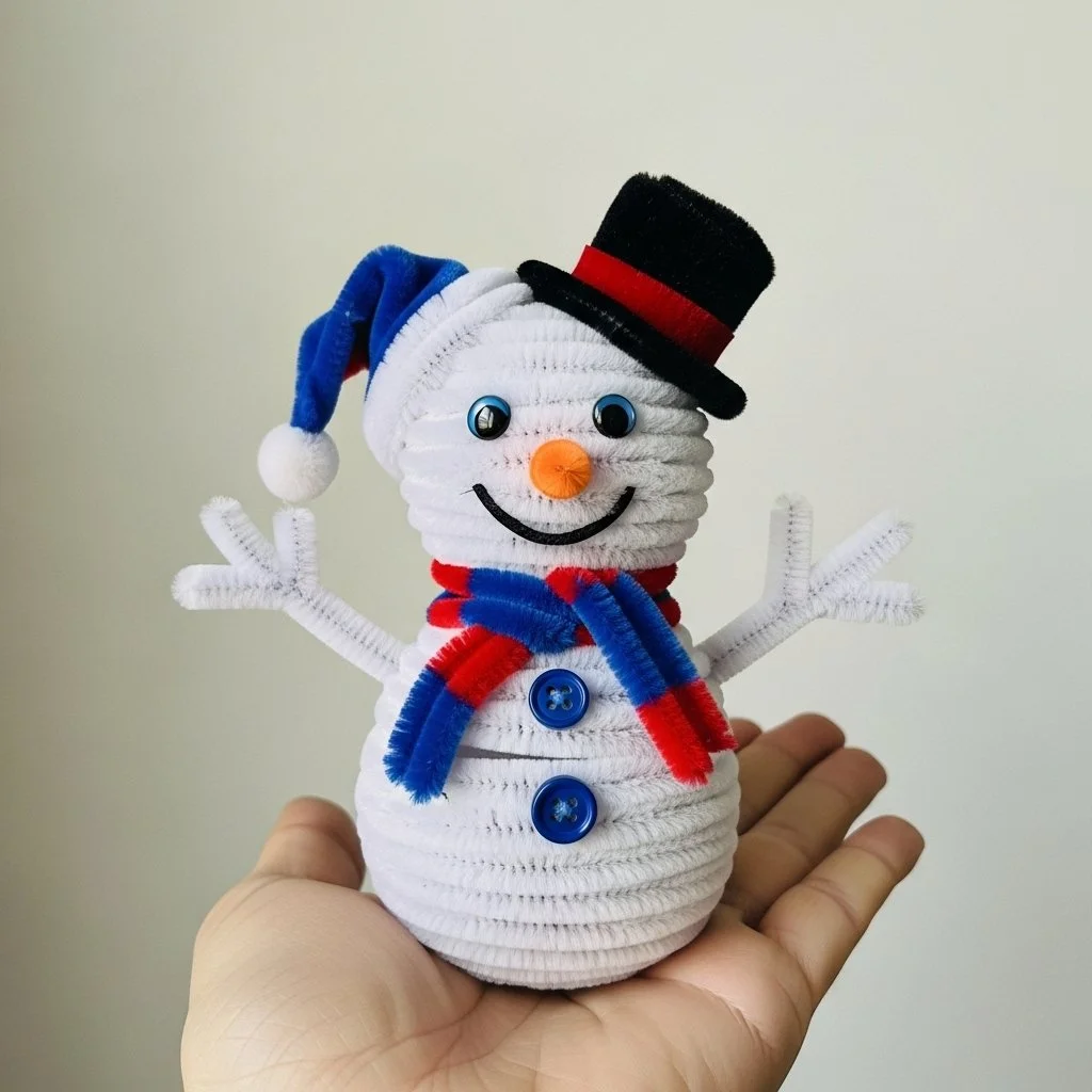 Colorful pipe cleaner snowman craft for winter holidays.