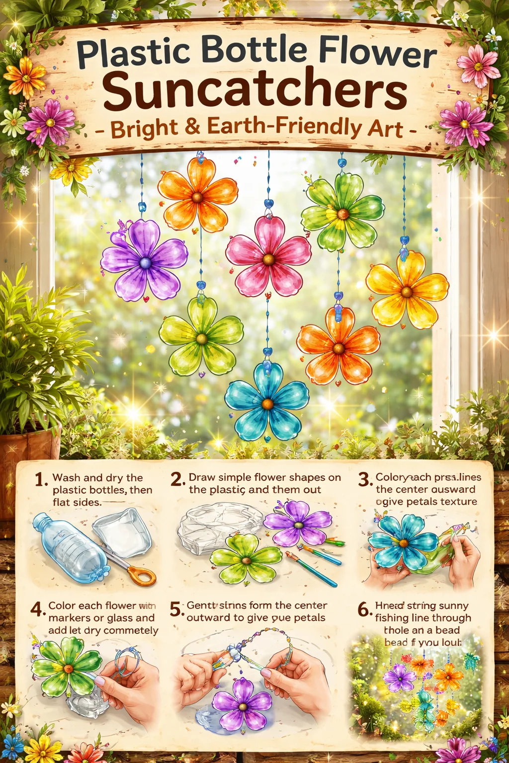 Colorful flower suncatchers made from recycled plastic bottles