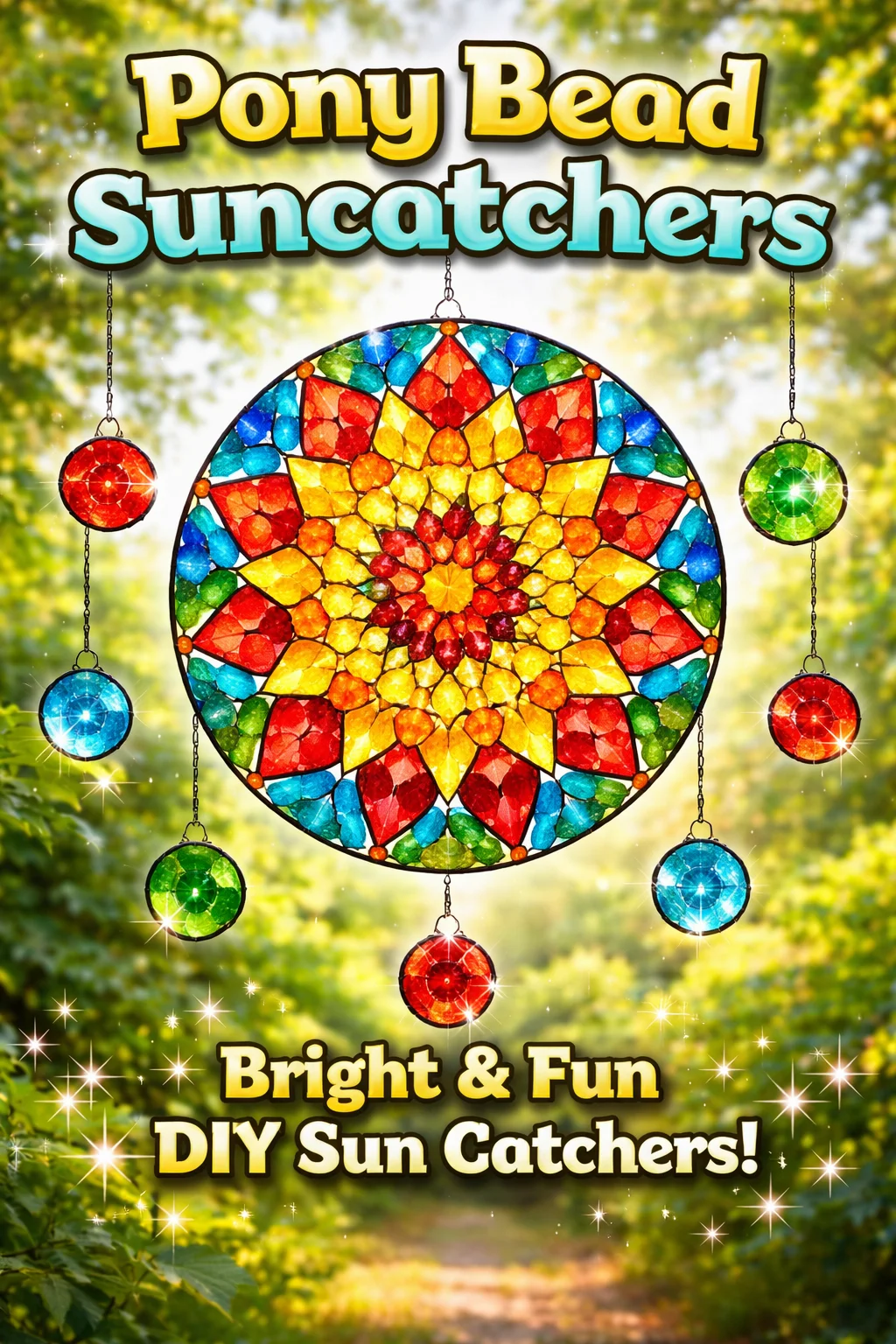 Colorful pony bead suncatchers hanging in a sunny window