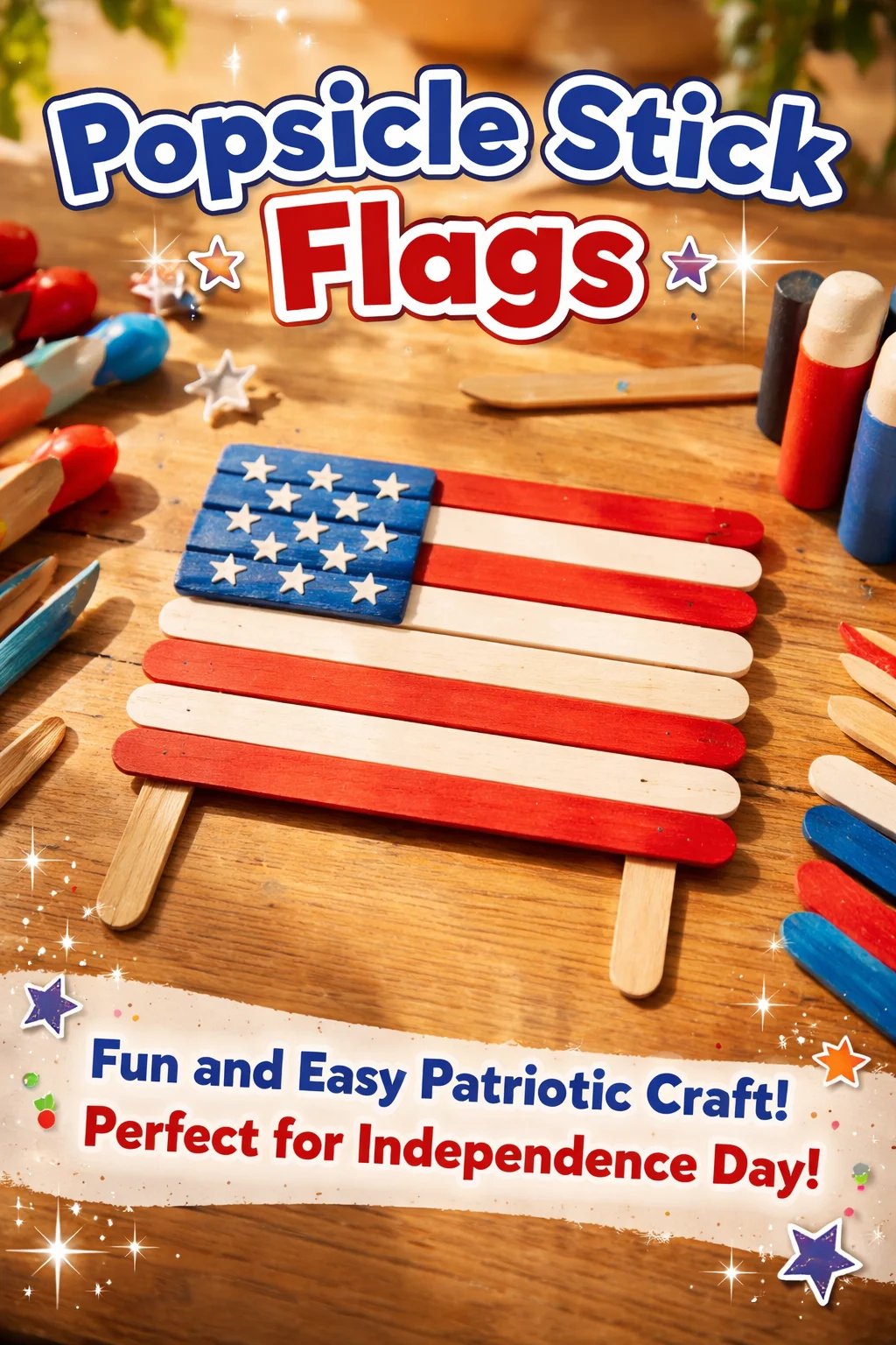 Colorful Popsicle Stick Flags displayed on a table for crafting and decoration.