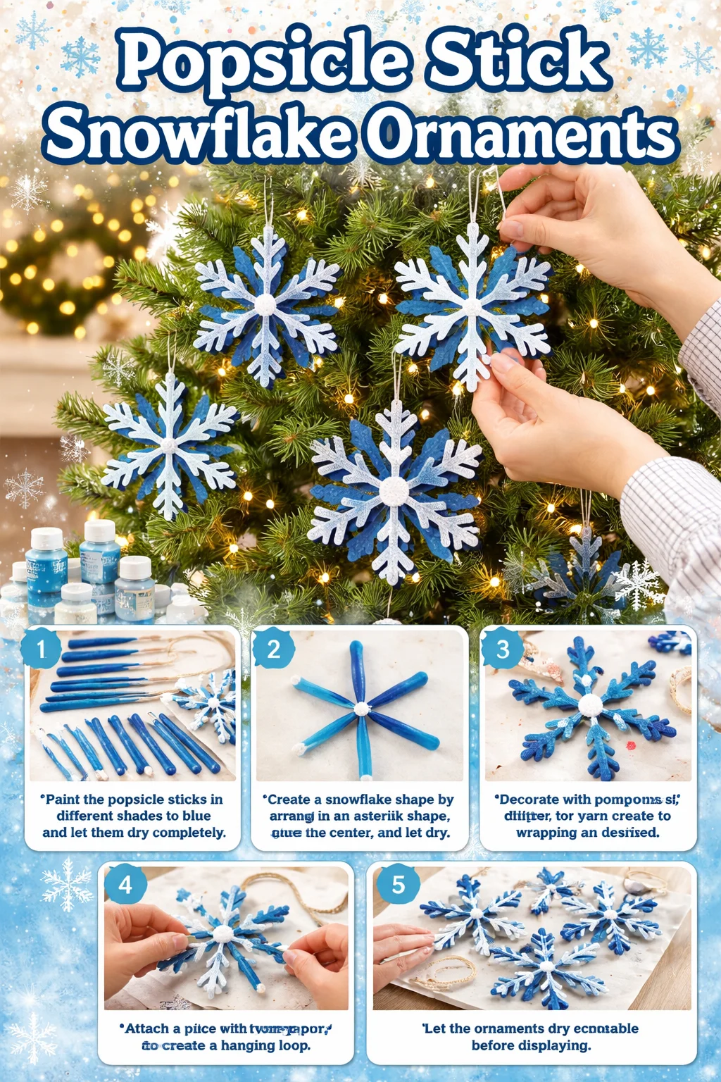 DIY popsicle stick snowflake ornaments for holiday decorations