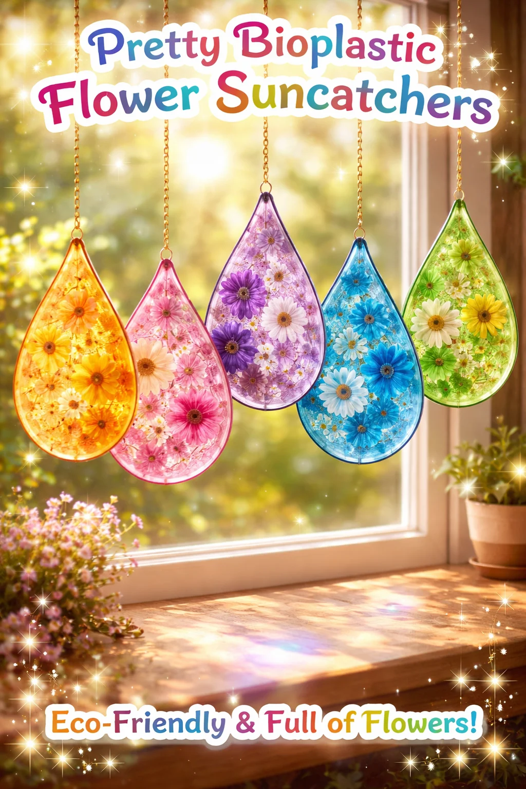 Colorful bioplastic flower suncatchers hanging in a sunny window