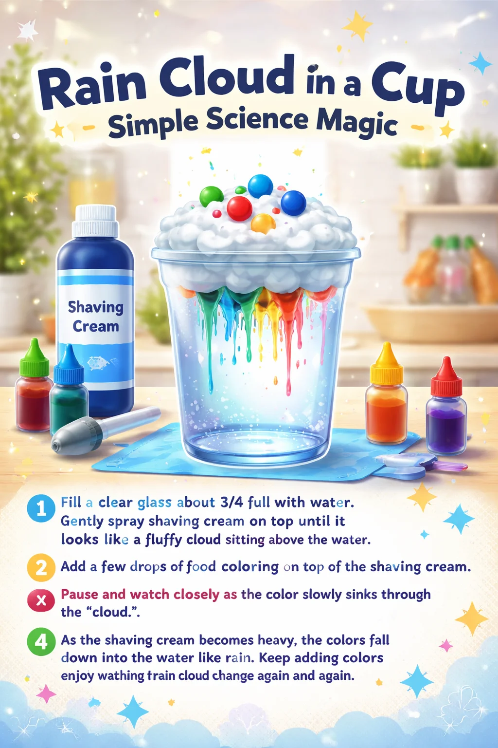 A hands-on science magic experiment demonstrating rain clouds in a cup.