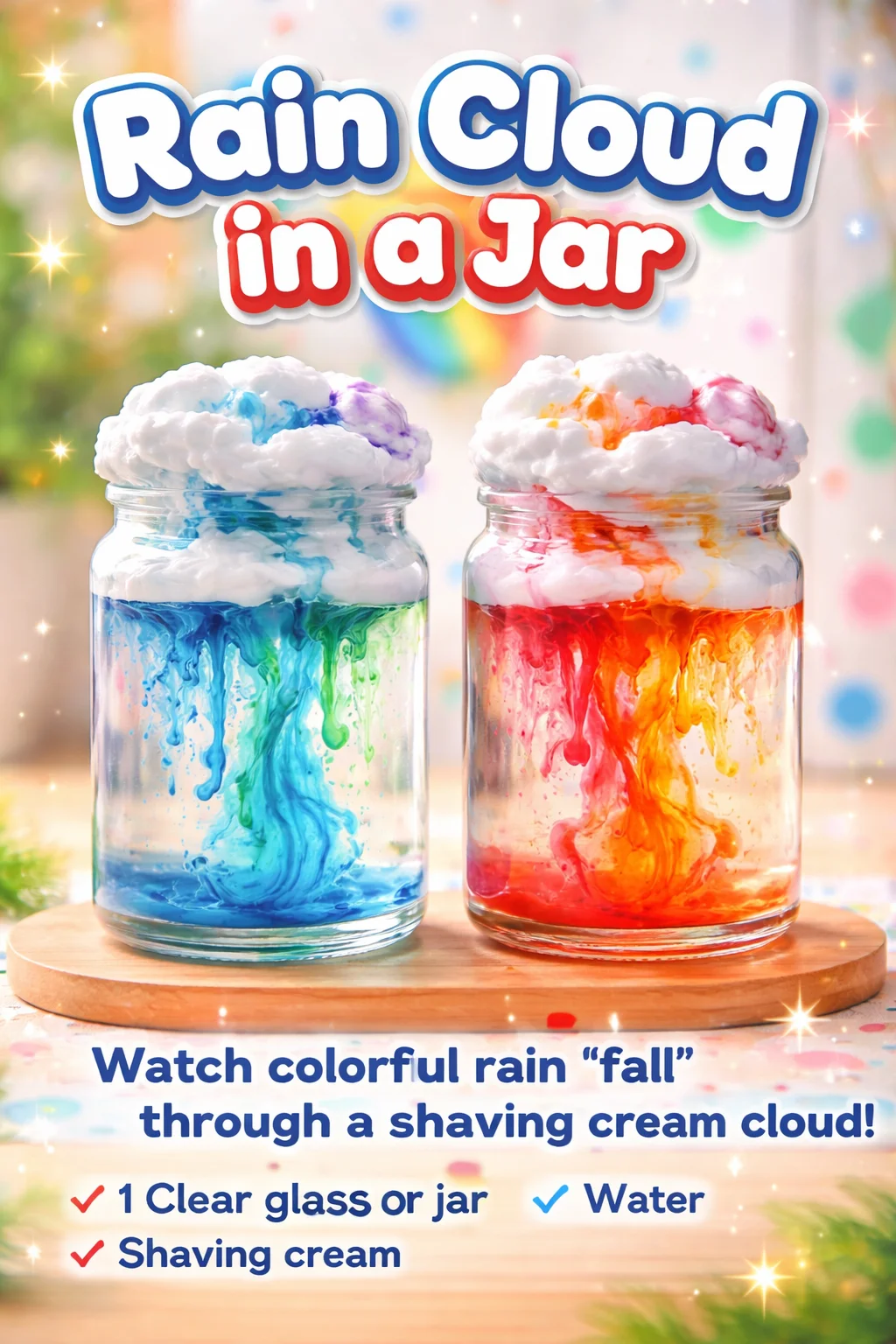 A whimsical jar experiment demonstrating a rain cloud in a jar with water and shaving cream.