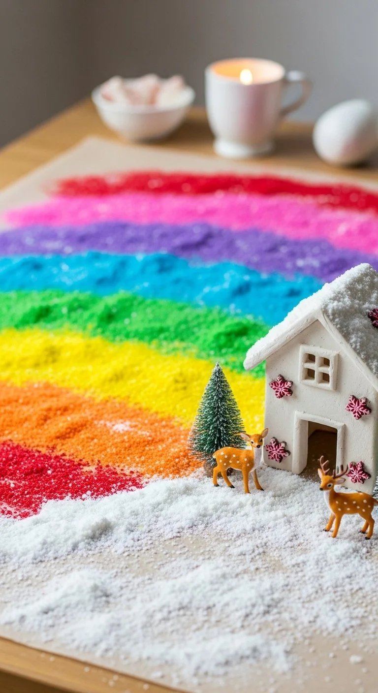 Colorful baking soda winter scene with rainbow effects and fizzy snow.