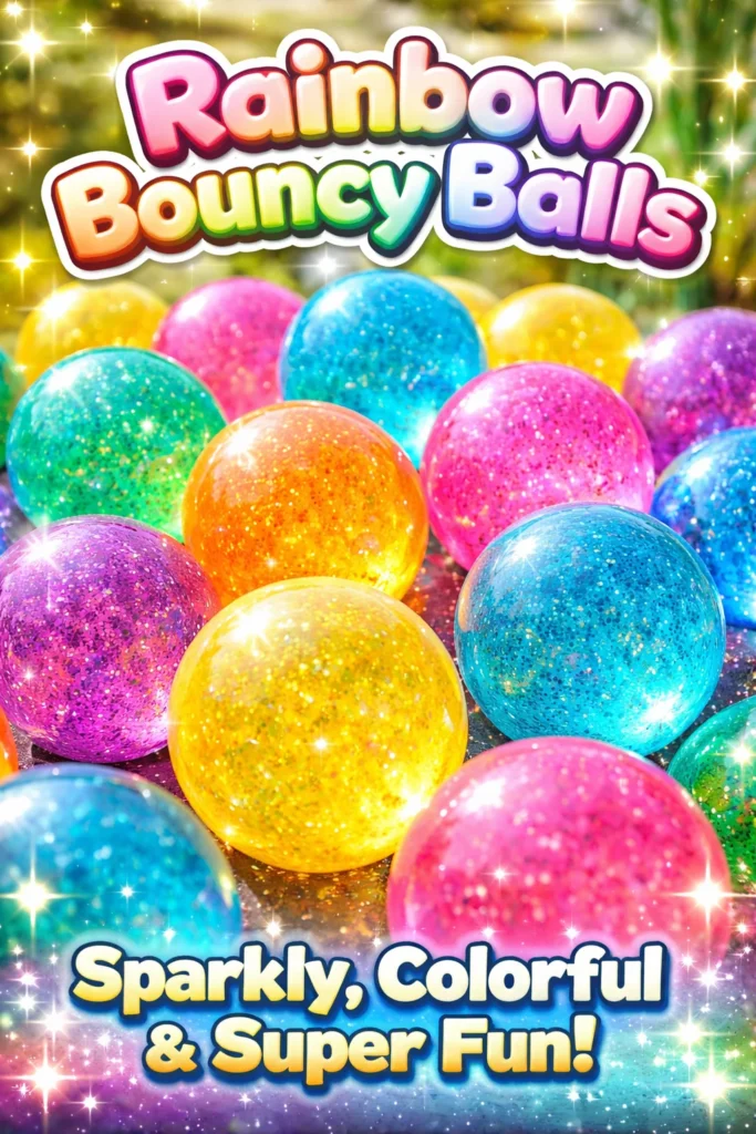Colorful rainbow bouncy balls in various sizes and patterns