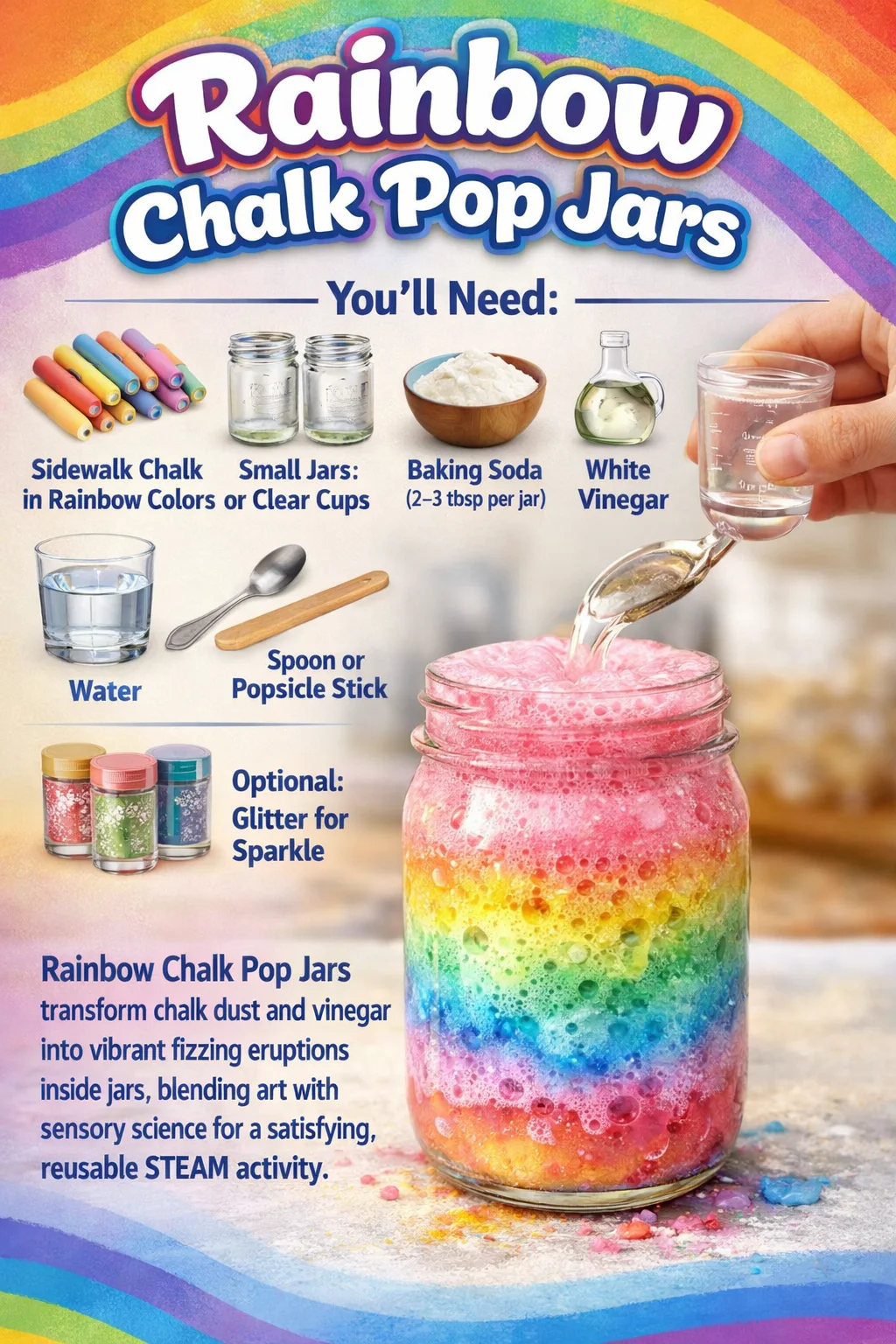 Colorful Rainbow Chalk Pop Jars for creative play and artistic fun