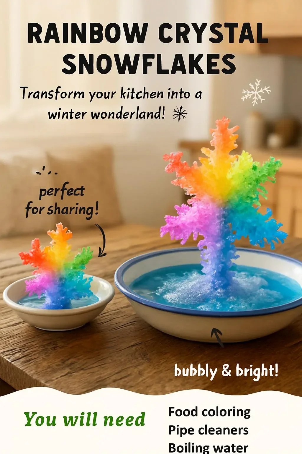 Colorful Rainbow Crystal Snowflakes for festive decorations.