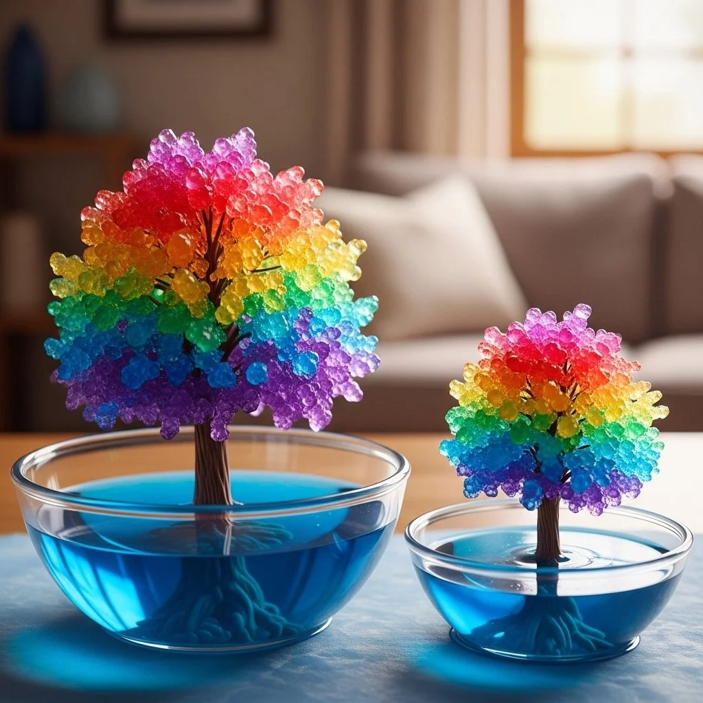 Rainbow crystal snowflakes shimmering in sunlight, adding color to winter decor.