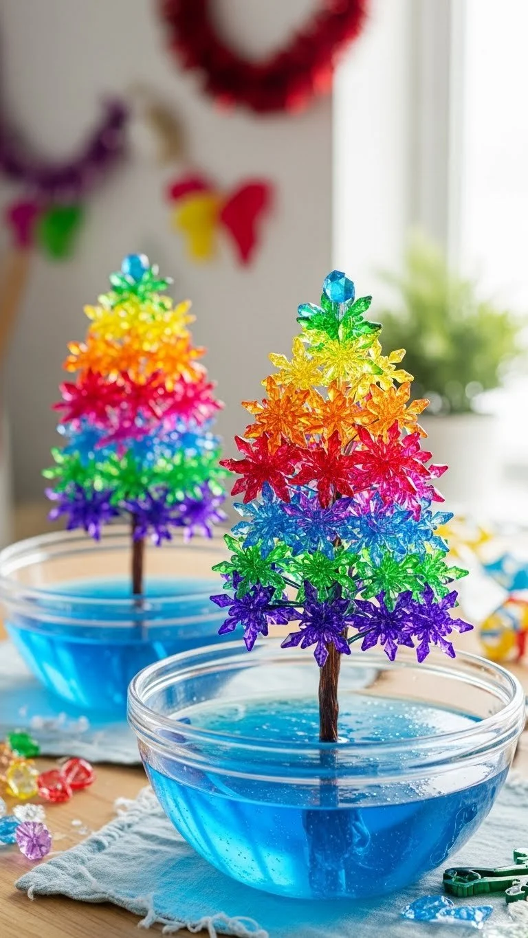 Rainbow Crystal Snowflakes shining in sunlight, adding vibrant color to the decor.