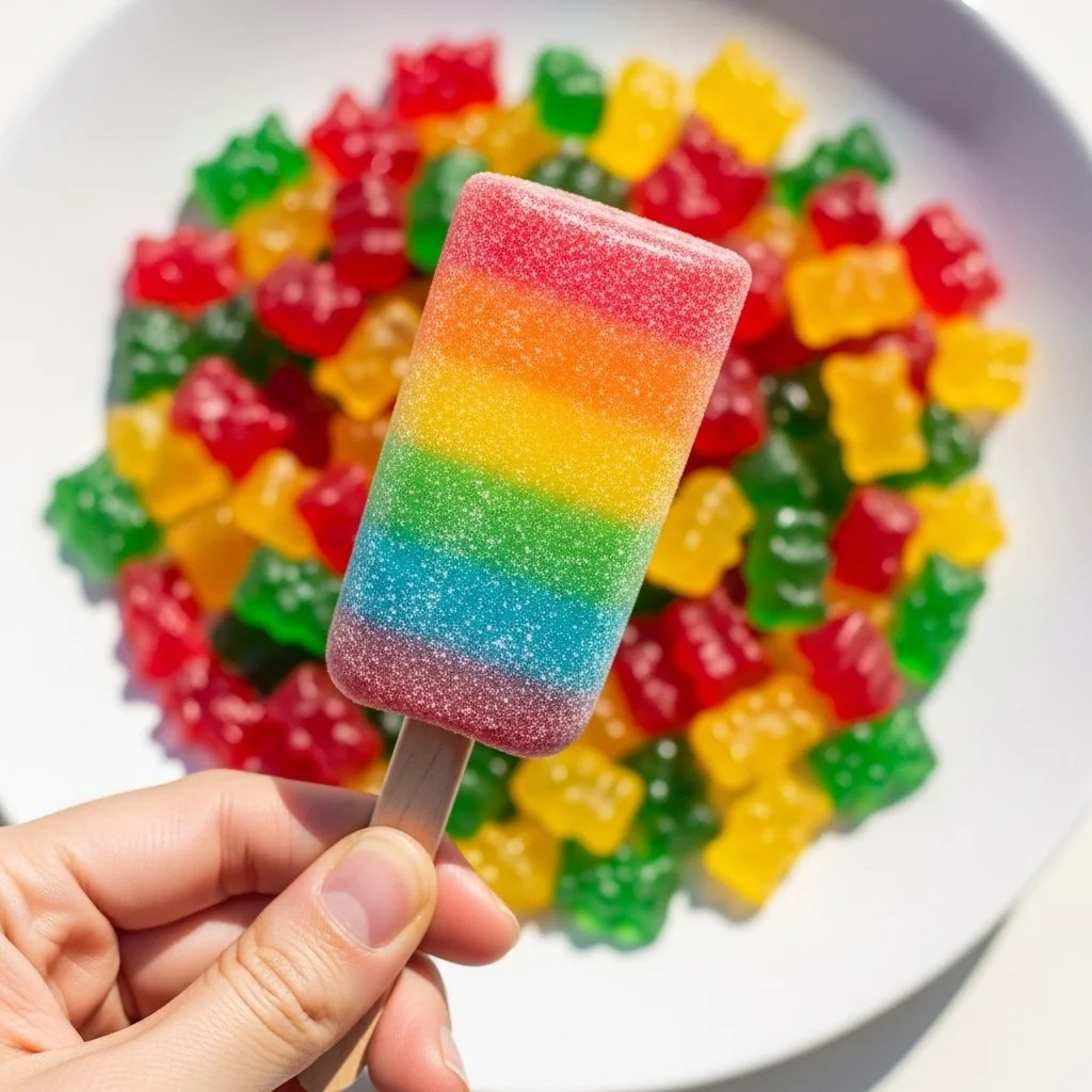 Vibrant rainbow gummy soda pops in assorted flavors and colors.