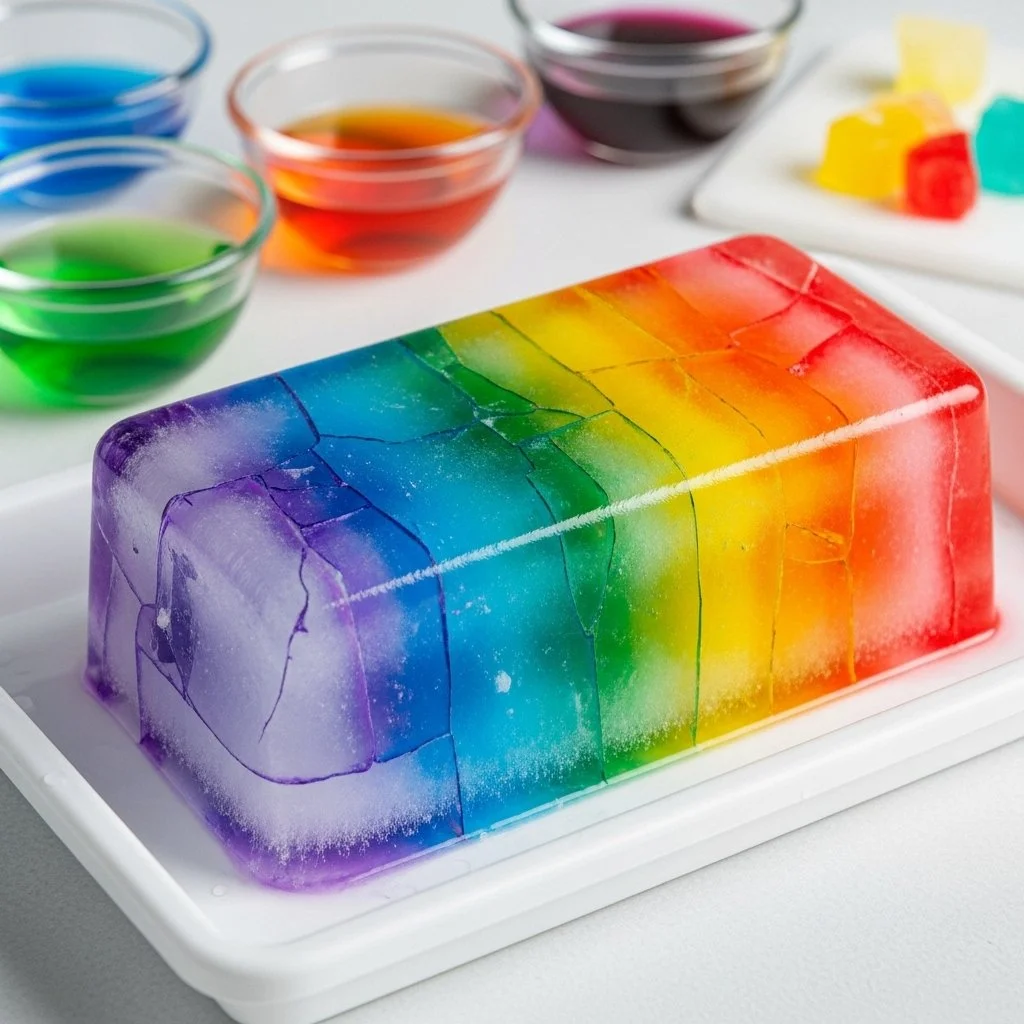 Colorful Rainbow Ice Crack experiment revealing vibrant patterns and ice textures.