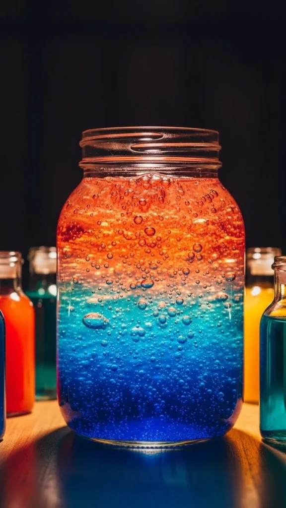 Colorful Rainbow Jar Fizz beverage in a glass with vibrant layers