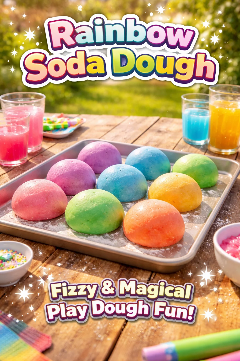 Colorful homemade Rainbow Soda Dough for kids' playtime activities.