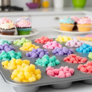Colorful rainbow sugar explosions in various shapes and sizes.