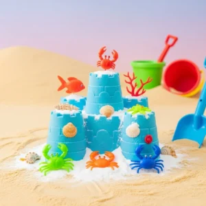 Child conducting a melting experiment on a sandcastle, observing effects of heat.