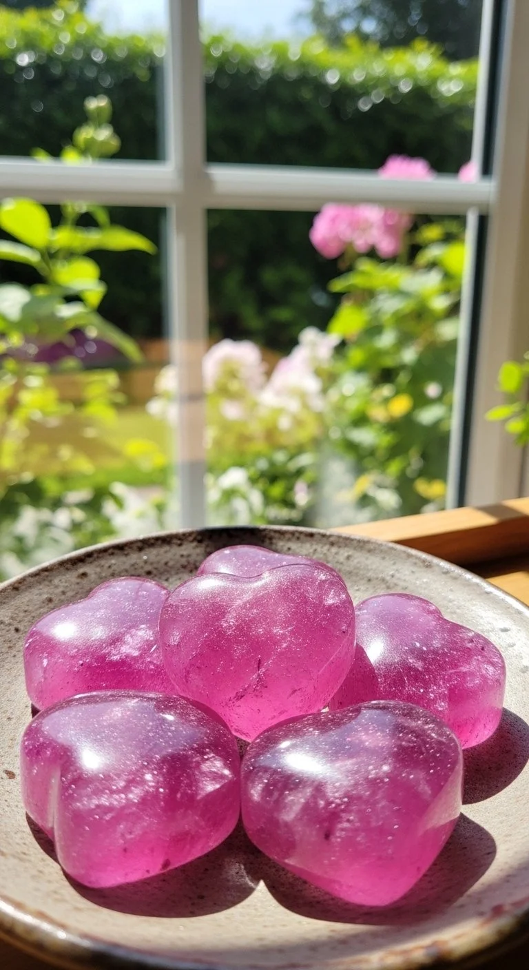 Decorative scented crystal hearts in various colors, promoting relaxation and ambiance.