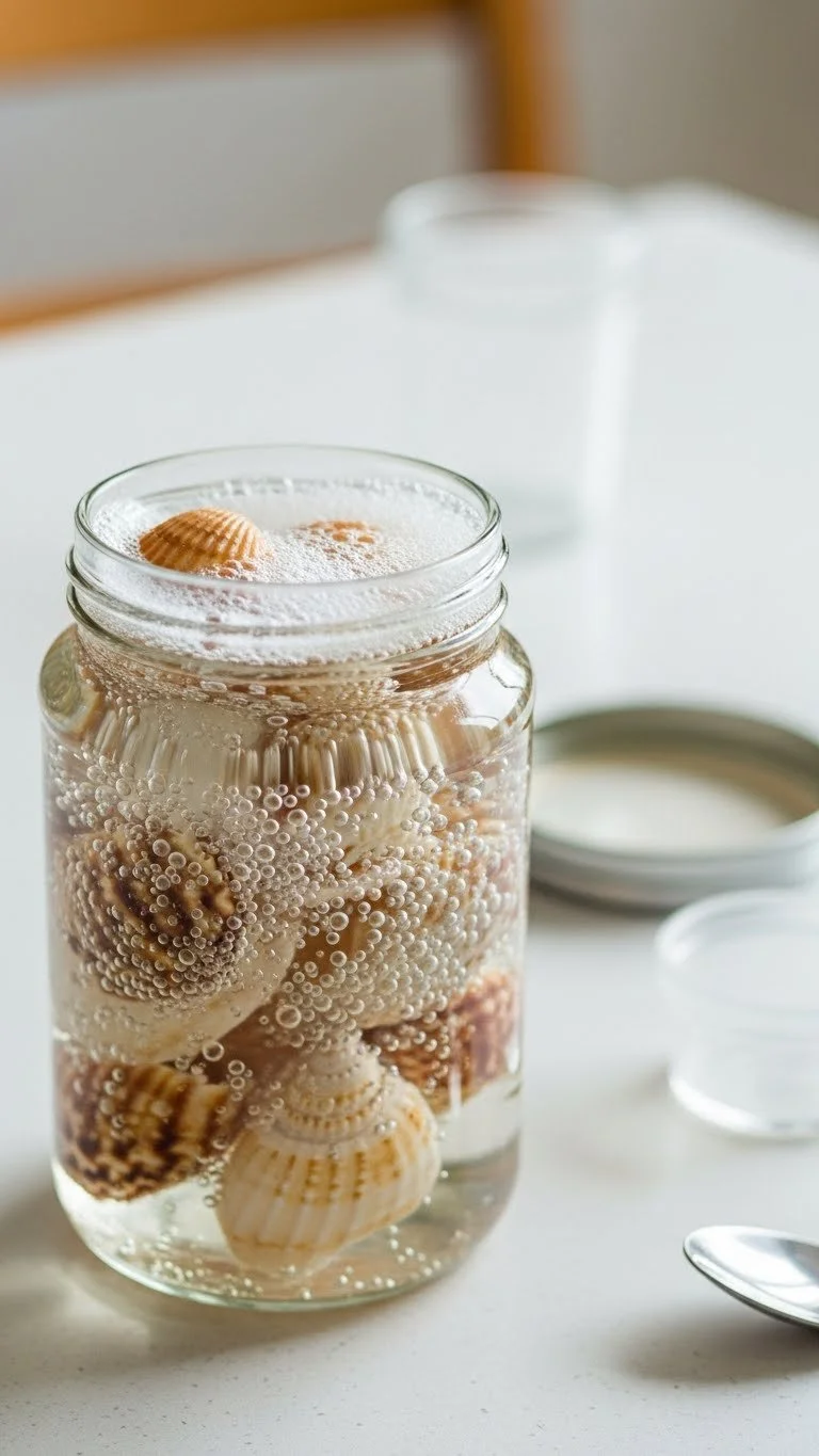 Seashells in vinegar experiment showcasing the chemical reaction.
