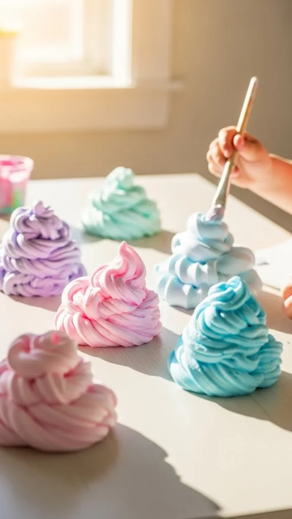 Colorful artwork created with shaving foam paint for imaginative projects.