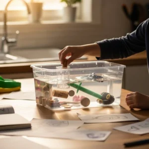 Child conducting a sink or float experiment with various objects in water.