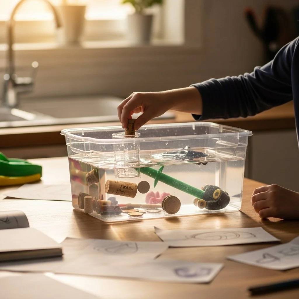 Child conducting a sink or float experiment with various objects in water.