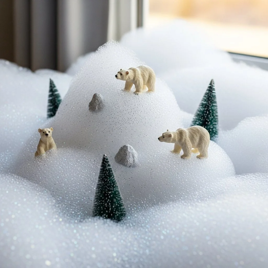 Children enjoying snow foam sensory play with colorful textures and materials.