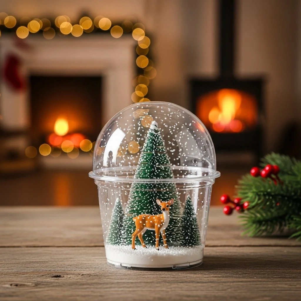 Unique snow globe featuring a decorative plastic cup inside.