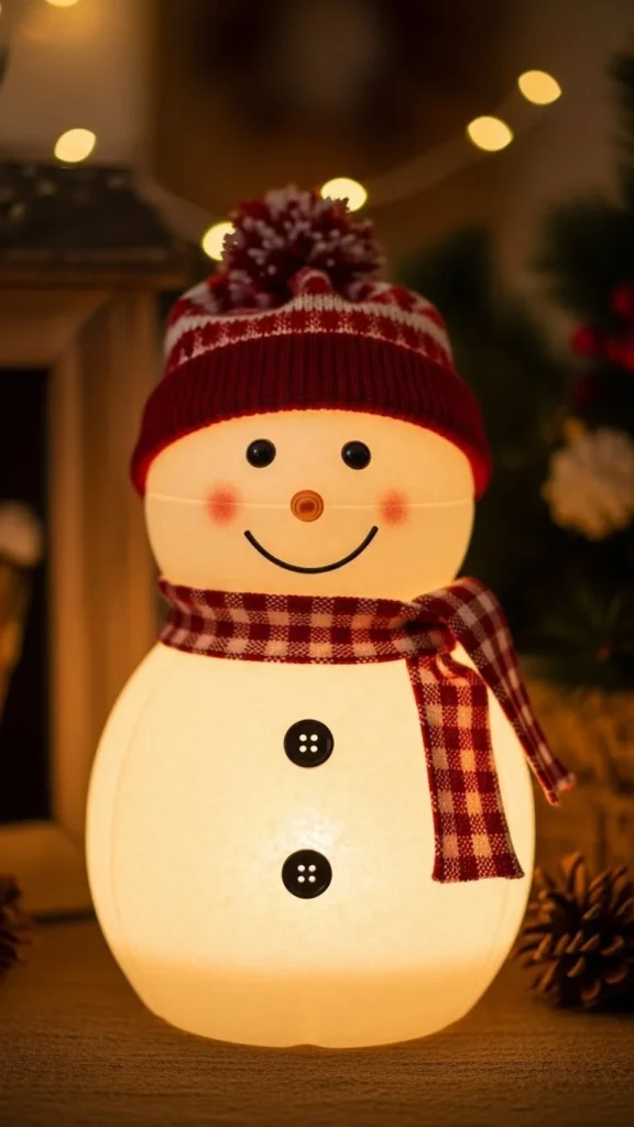 Decorative snowman luminaries glowing warmly in a winter setting.