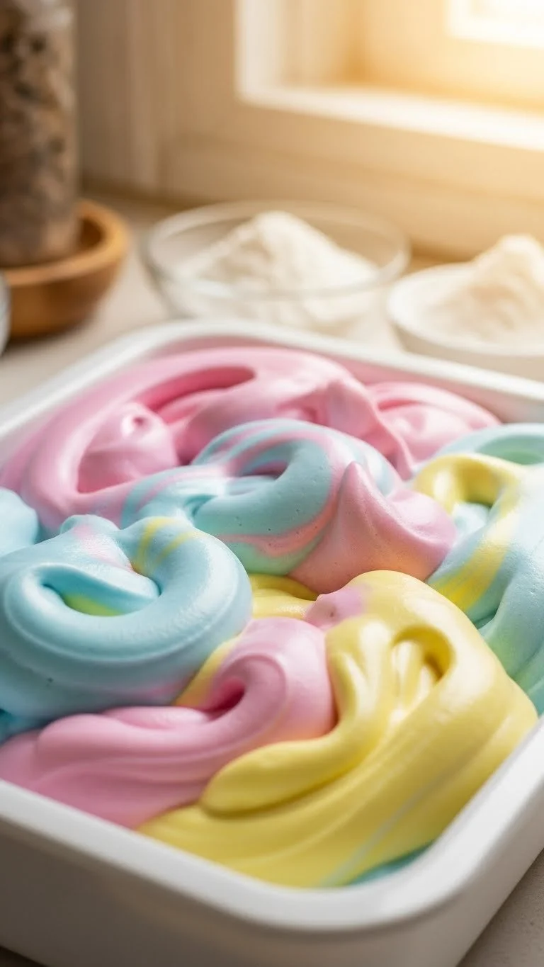 Colored soap foam dough in vibrant shades for sensory play and creativity.