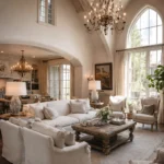 Elegant French living room with soaring ceilings and intimate zones embodying French style.