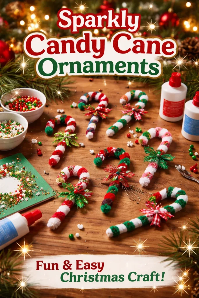 Sparkly candy cane ornaments hanging on a Christmas tree