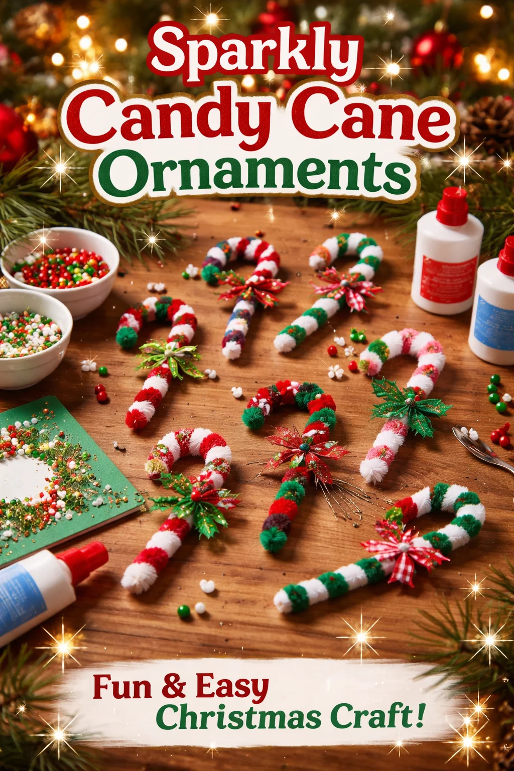 Sparkly candy cane ornaments hanging on a Christmas tree