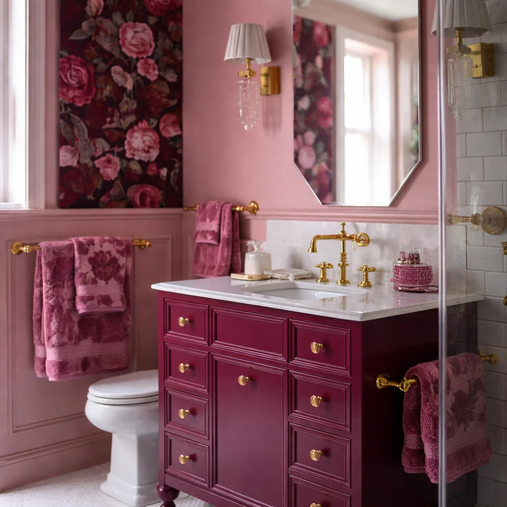 Emerald and Burgundy Bathroom featuring Ruvati sinks and ZLINE faucets in elegant design.