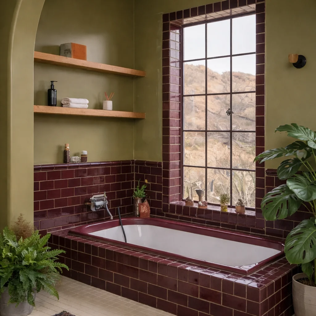 Olive Green and Burgundy Bathroom with modern vanity and decor accents.