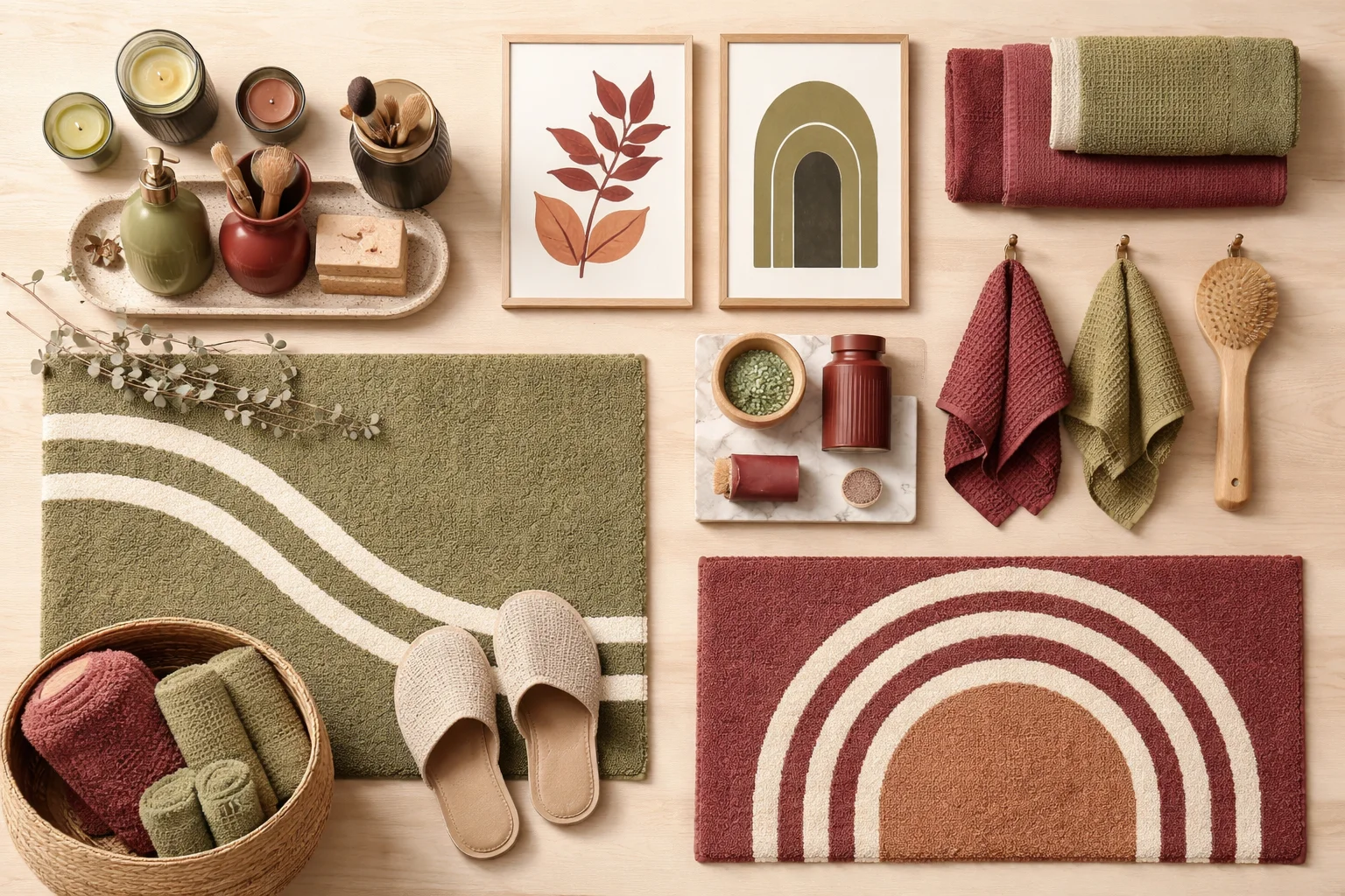 Olive Green and Burgundy Bathroom