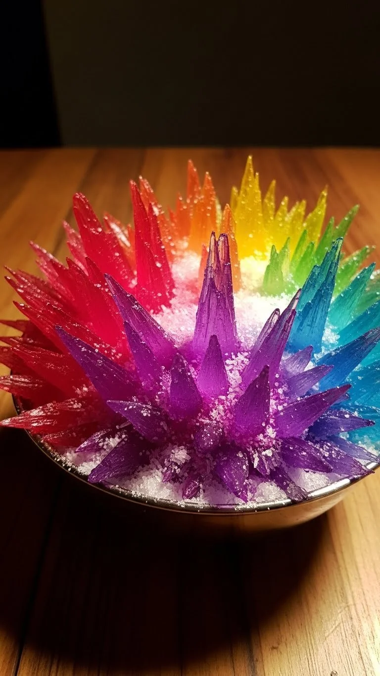 Colorful sugar crystal eruption displayed in a clear glass jar
