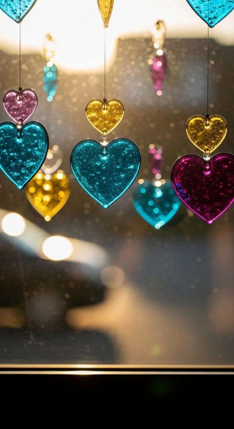 Colorful suncatcher craft projects hanging in a sunlit window.