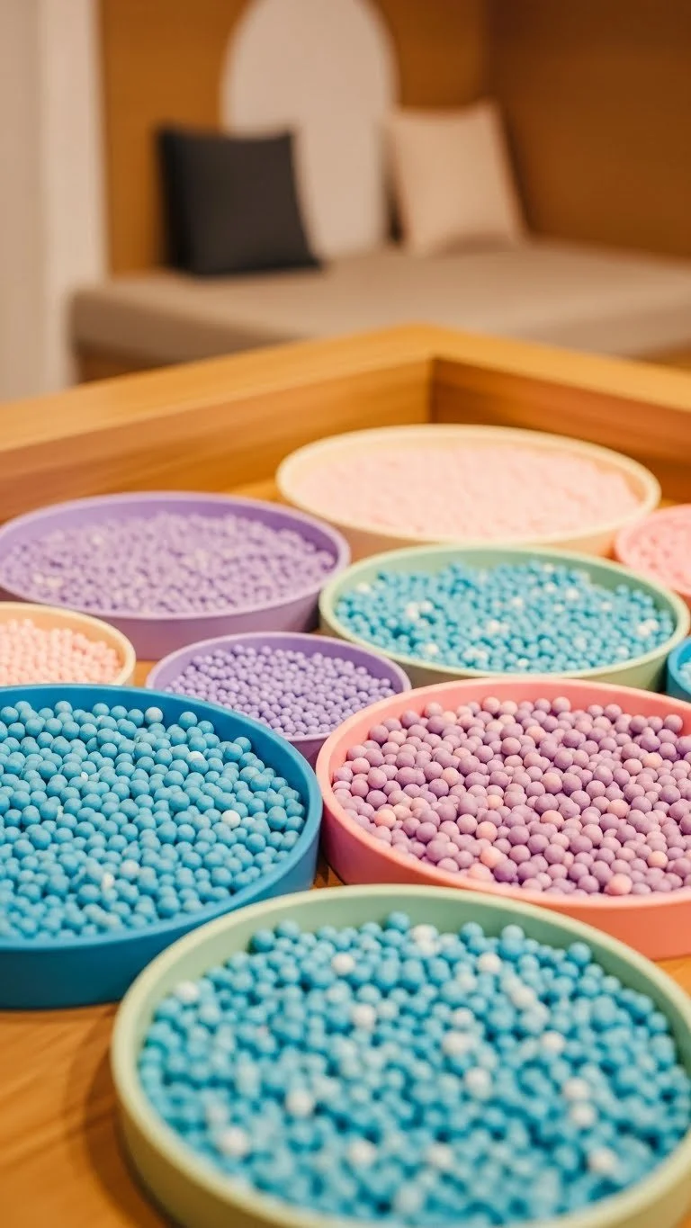 Sensory bin filled with colorful tapioca pearls for kids' play.