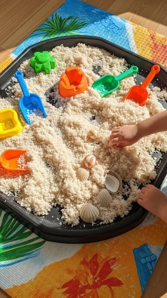 Taste-safe coconut sensory bin filled with coconut materials for kids' play.