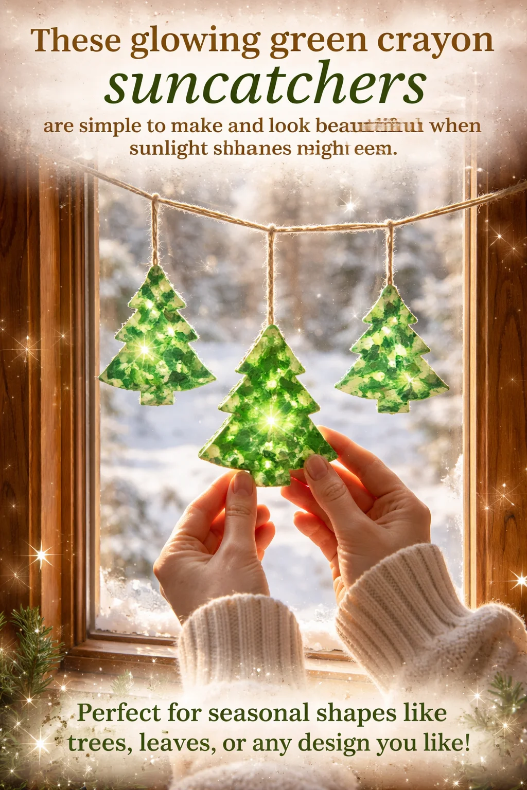 Glowing green crayon suncatchers in seasonal shapes, illuminated by sunlight.