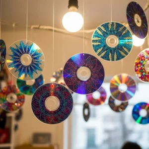 DIY suncatchers made from old CDs reflecting sunlight