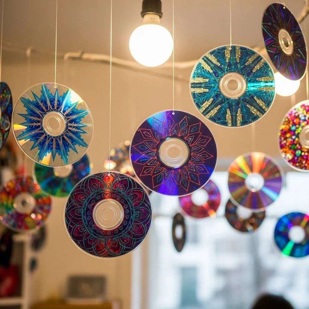 DIY suncatchers made from old CDs reflecting sunlight