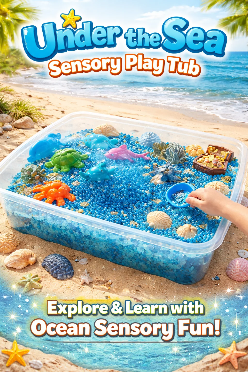 Under the Sea Sensory Play Tub filled with colorful ocean-themed toys and textures.