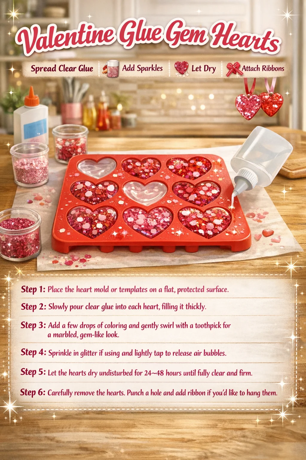 Colorful Valentine Glue Gem Hearts for festive crafts and decorations