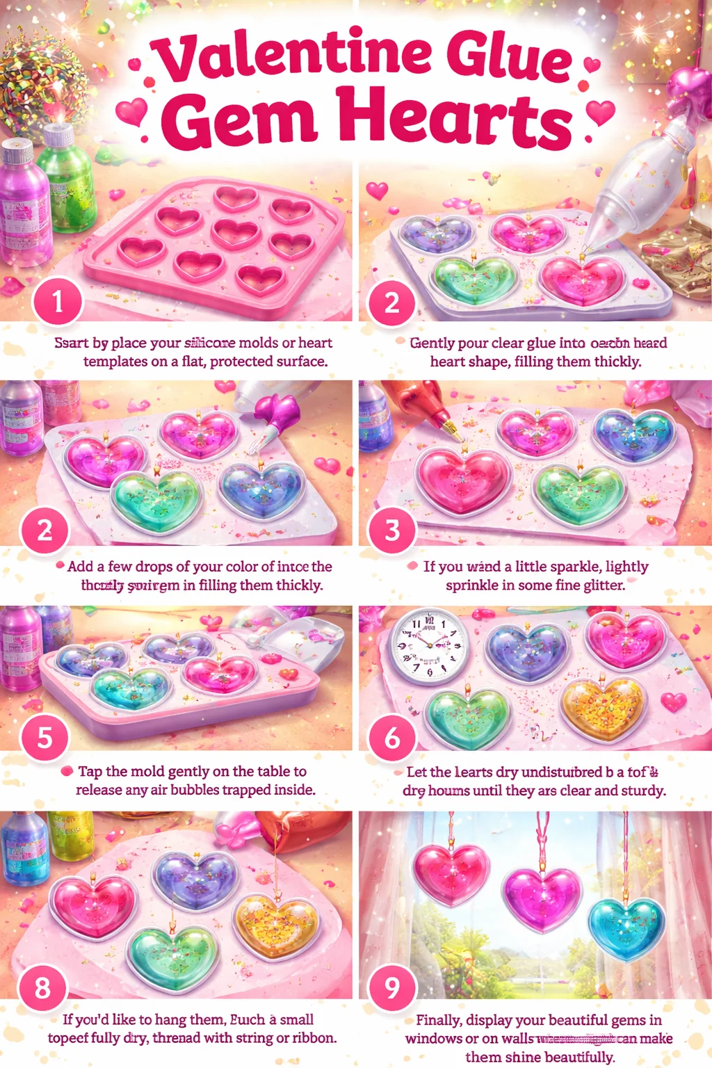 Colorful Valentine Glue Gem Hearts for festive DIY crafts and decorations.